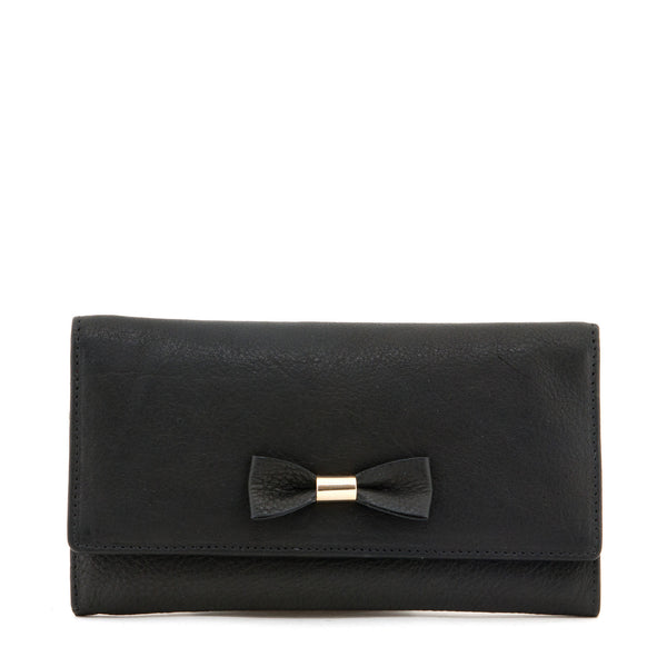 Y1030 BW - Flap Over Leather Bow Purse With Contrast Inner