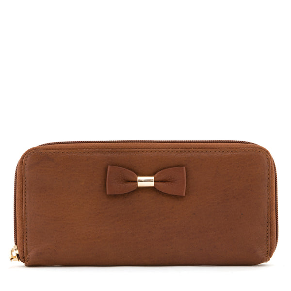 Y1257 BW - Zip Around Leather Bow Purse With Contrast Inner