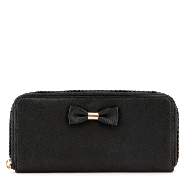 Y1257 BW - Zip Around Leather Bow Purse With Contrast Inner