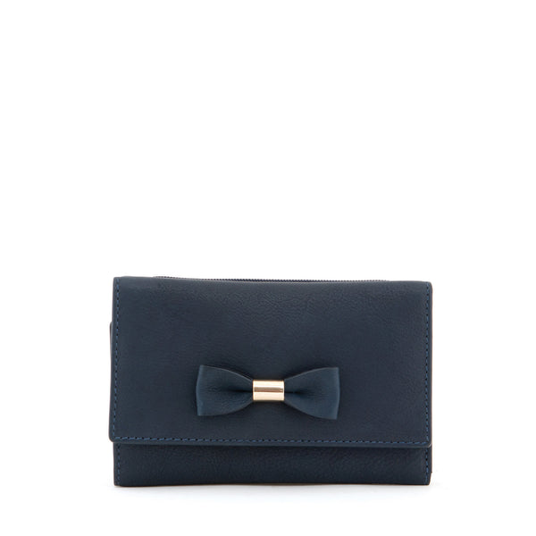 Y1305 BW - Medium Flap Over Leather Bow Purse With Contrast Inner