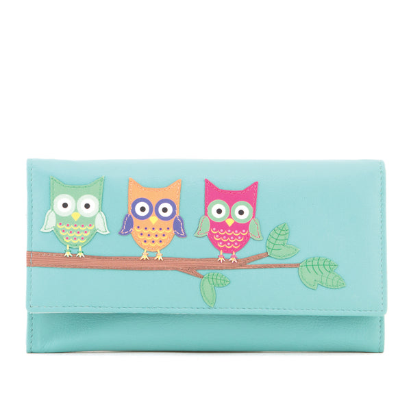 1030OW 17 21 - Leather Flap Over Owls Applique Purse