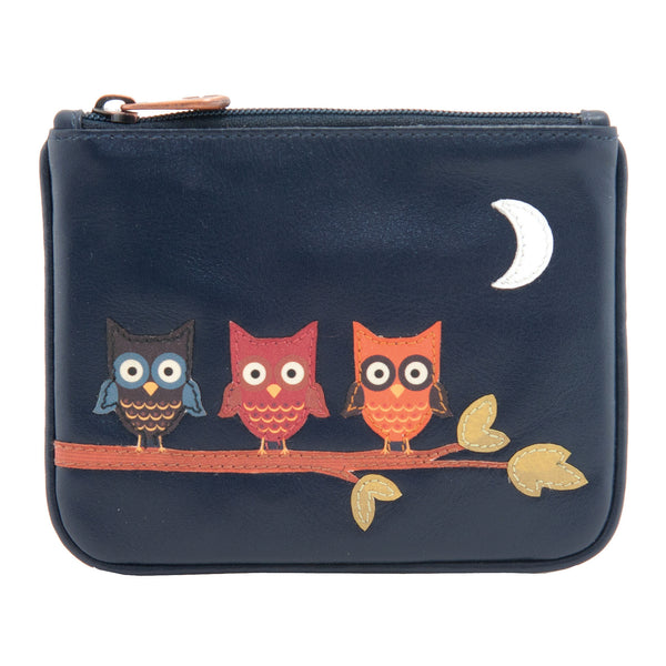 1723 17 OW - Leather Zip Top Owls Applique Coin Purse