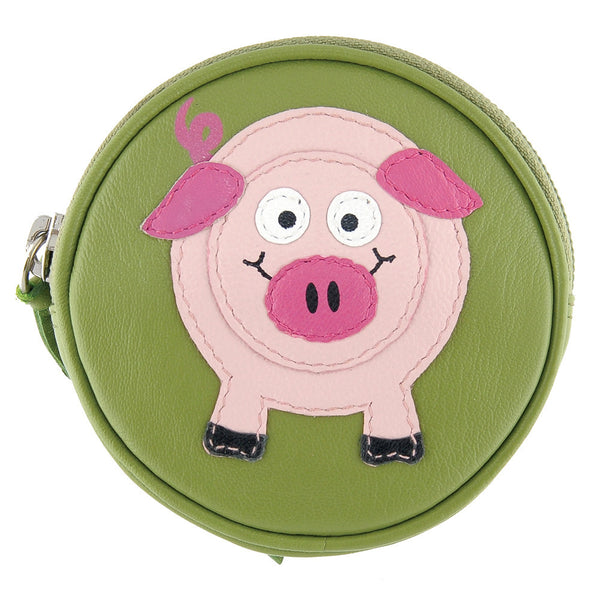 1727 23 PIG - Leather Zip Top Coin Purse with Pig Applique