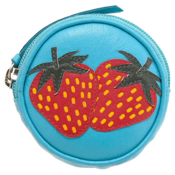 1727 23 STRAWBERRY - Leather Zip Top Coin Purse with Strawberry Applique