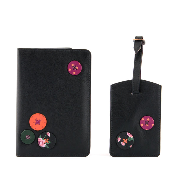 2353B 17 - Black Leather Travel Gift Set with Button Applique Detail