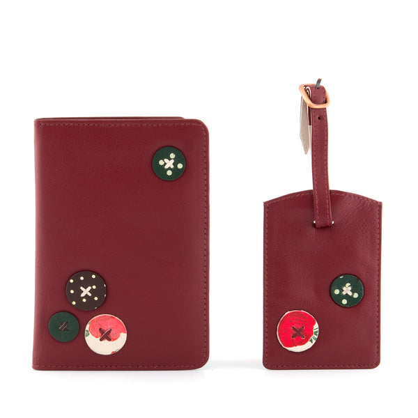 2353B 17 9 - Red Leather Travel Gift Set with Button Applique Detail