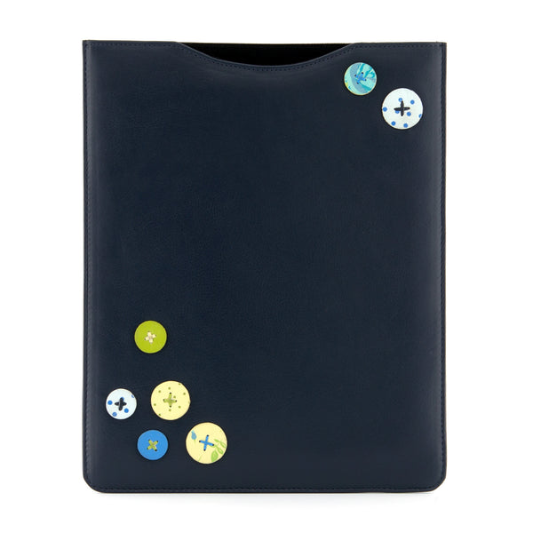 6907B 17 6 - Navy Leather IPad Sleeve with Button Applique Detail