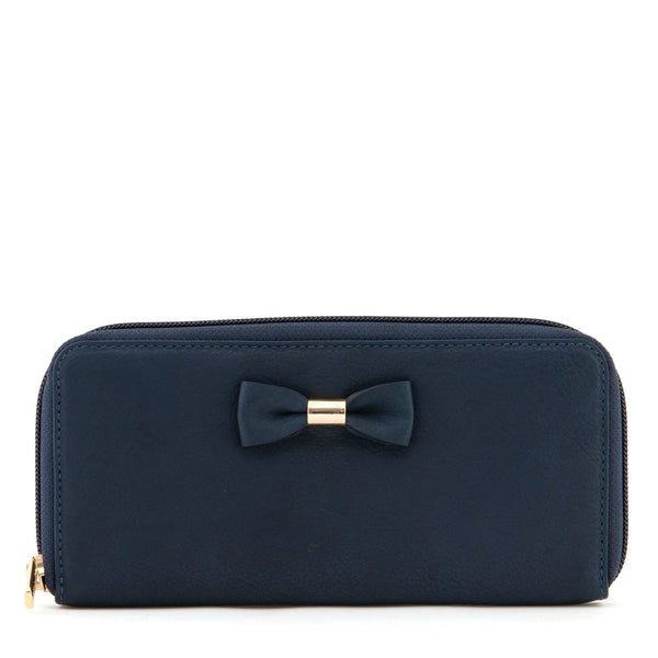 Y1257 BW - Zip Around Leather Bow Purse With Contrast Inner