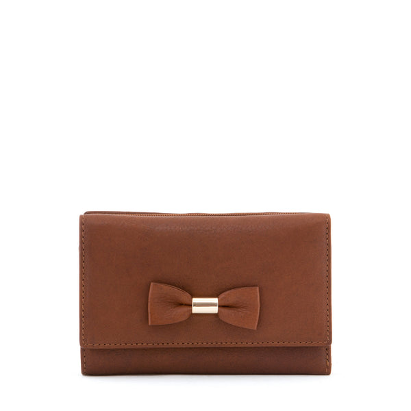 Y1305 BW - Medium Flap Over Leather Bow Purse With Contrast Inner