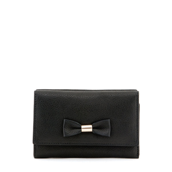Y1305 BW - Medium Flap Over Leather Bow Purse With Contrast Inner