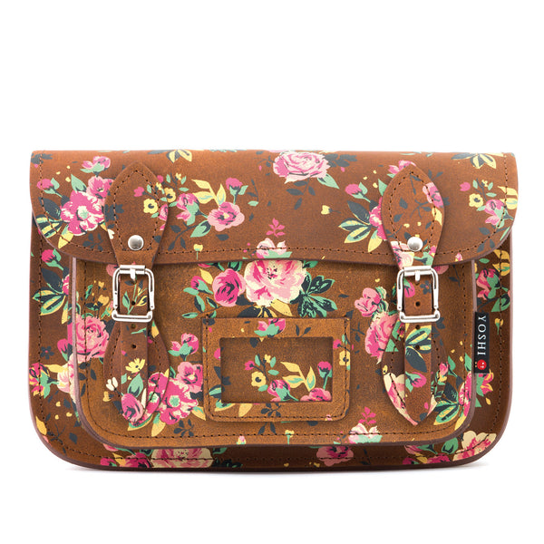 YB127 FLR 2H - The Darcy 10.5" Brown Hunter Roses Leather Satchel by Yoshi