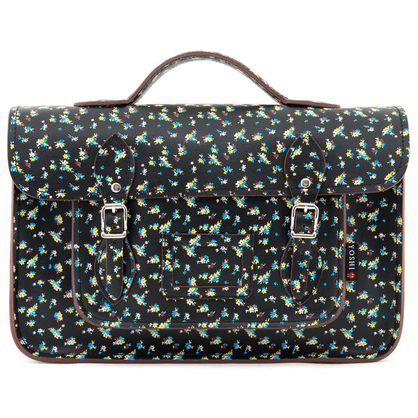 YB84 FLR 1 - The Belforte 14" Black Floral Printed Leather Satchel by Yoshi