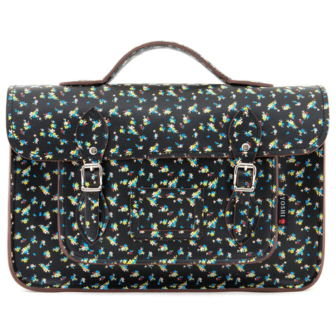 YB84 FLR 1 - The Belforte 14" Black Floral Printed Leather Satchel by Yoshi