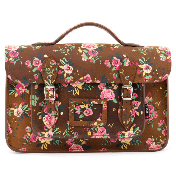 YB84 FLR 2H - The Belforte 14" Brown Hunter Roses Printed Leather Satchel by Yoshi