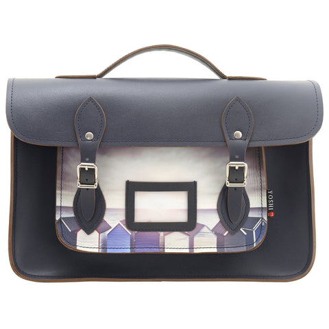 YB84 BH - The Belforte 14" Beach Hut Print Leather Satchel by Yoshi