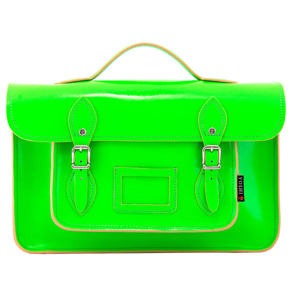 YB84 N 7 - The Belforte 14" Neon Green Leather Satchel by Yoshi
