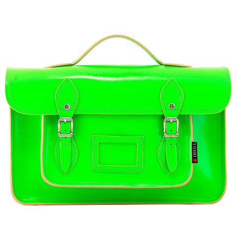 YB84 N 7 - The Belforte 14" Neon Green Leather Satchel by Yoshi