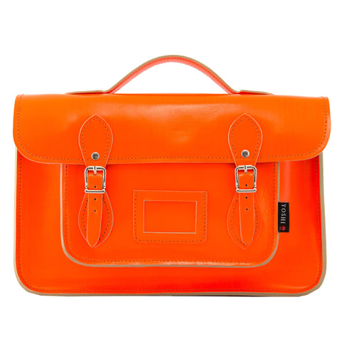YB84 N 22 - The Belforte 14" Neon Orange Leather Satchel by Yoshi