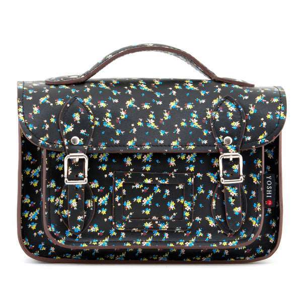 YB85 FLR 1 - The Dewhurst 10.5" Black Floral Print Leather Satchel by Yoshi