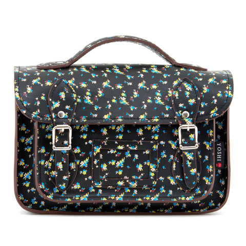 YB85 FLR 1 - The Dewhurst 10.5" Black Floral Print Leather Satchel by Yoshi